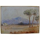 Antique watercolor painting arid landscape with high mountain