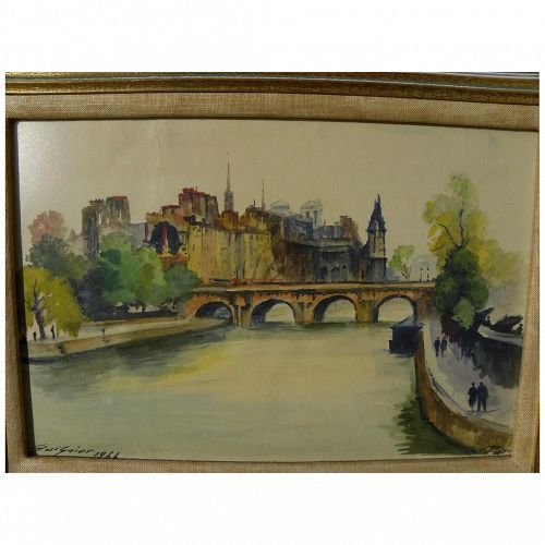 FERNAND GUIGNIER (1902-1972) watercolor painting of the Seine River and Notre Dame in Paris by listed mid century French artist