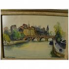 FERNAND GUIGNIER (1902-1972) watercolor painting of the Seine River and Notre Dame in Paris by listed mid century French artist