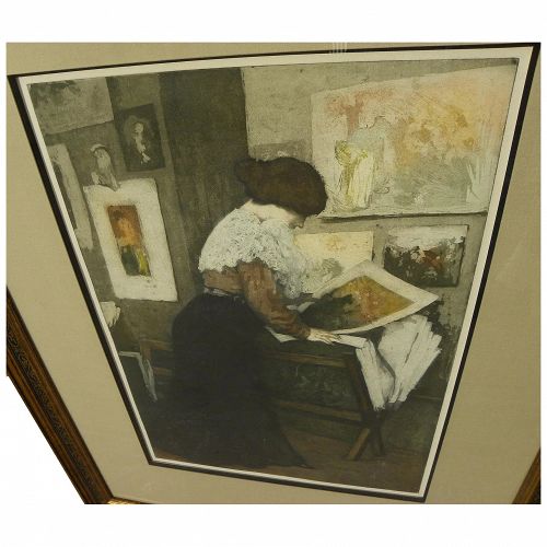 MANUEL ROBBE (1872-1936) important French printmaker color aquatint of lady examining prints in the studio