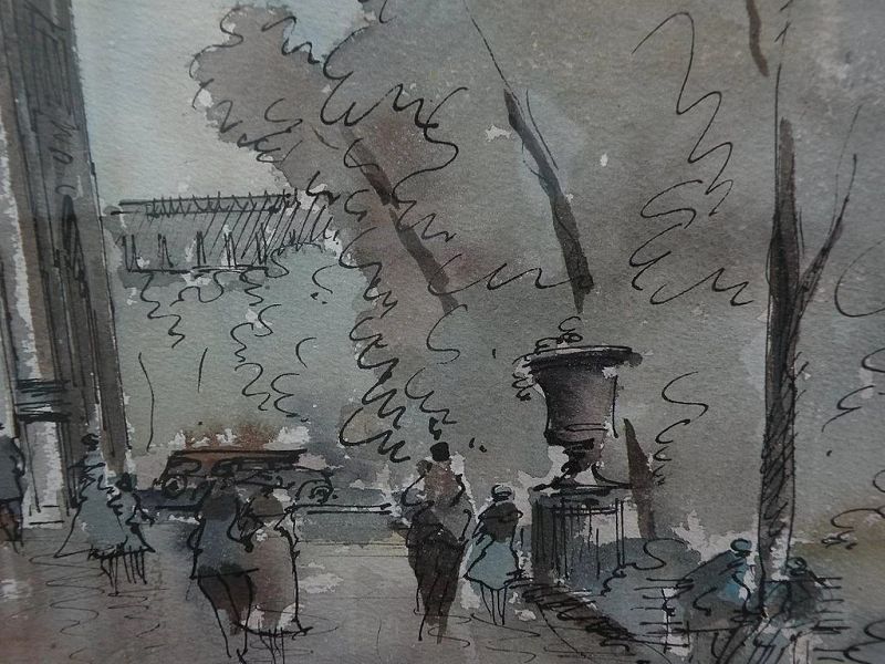 JULES ADLER (1865-1952) French art watercolor and ink drawing of Parisian scene by well listed artist