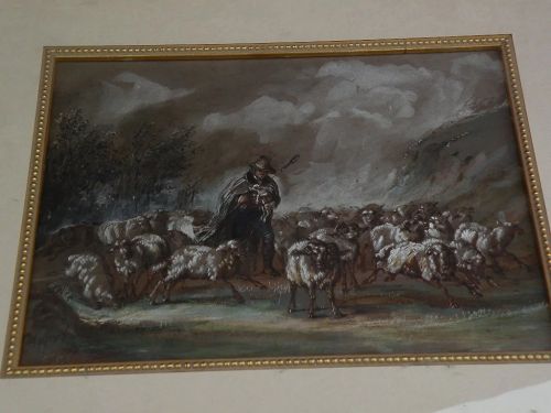 PIERRE FREDERIC LEHNERT (1811-?) signed mid 19th century French art gouache drawing shepherd and flock
