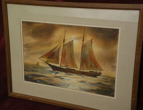 LOYAL MAYER (1919-2011) American marine art watercolor painting of schooner signed