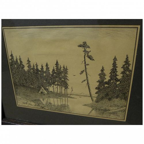 Signed ink drawing of Indian ti-pi on shore of a northern lake signed Leb-Wendell