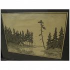 Signed ink drawing of Indian ti-pi on shore of a northern lake signed Leb-Wendell