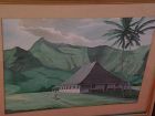 Hawaiian art mid century signed large watercolor landscape painting of historical Kauai mission
