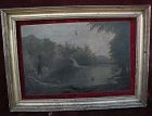 Hudson River style circa 1880 primitive American landscape painting original gilt frame