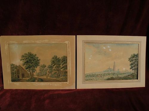 PAIR of circa 18th century Dutch detailed watercolor landscape drawings, subject identified as Amersfoort
