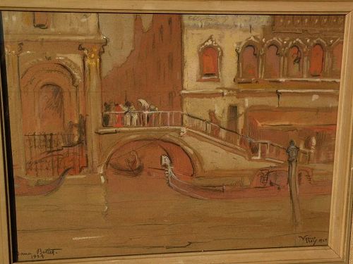 DANA BARTLETT (1882-1957) vintage California plein air art impressionist drawing of Venice Italy as-is condition