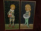 Big Eye School **PAIR** of paintings of young girl in harlequin attire