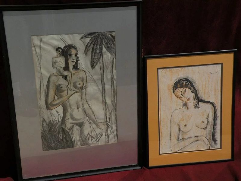 BORIS LOVET-LORSKI (1894-1973) **PAIR** of original charcoal drawings of stylized women in Art Deco style