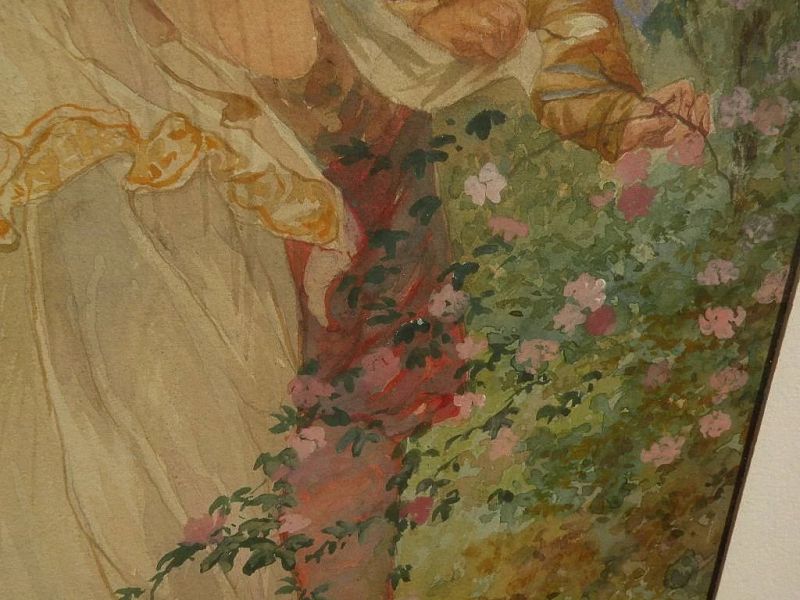GUSTAVE A. BRAND (1863-1944) American art watercolor painting classical lovers in a garden