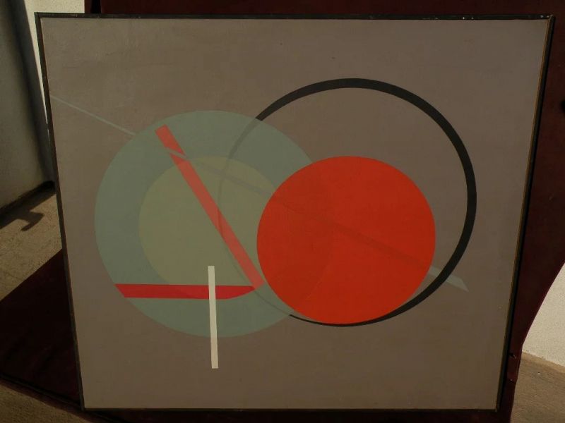 Large signed mid century style modern colorful "hard edge" abstract painting