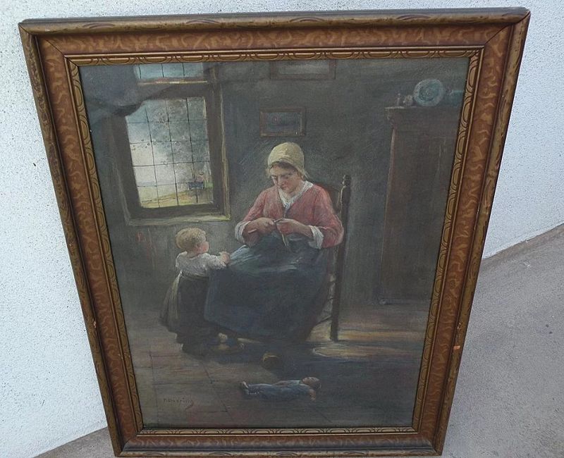 PAUL DOERING (1864-1947) original fine watercolor painting of mother and child in an interior