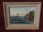 American marine art oil on glass painting of steam ship by cliffs