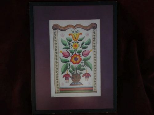 Decorative Russian folk art painting resembling fraktur signed and dated 1974