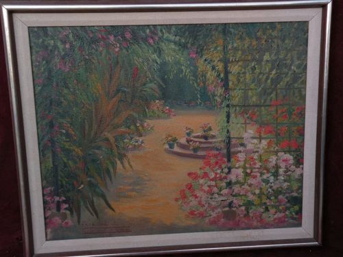 Latin American signed painting of flowery courtyard dated 1945