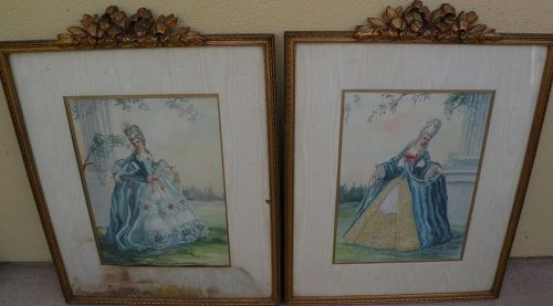 PAIR ornately framed watercolor paintings women in elegant 18th century costume California illustrator artist ESTHER WYNN (-1990)