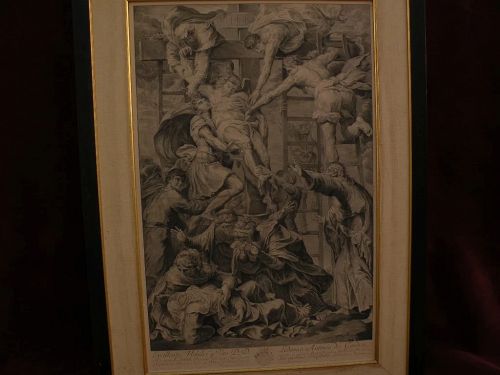 Old master 18th century print large classical scene detailed 1720 copper engraving Descent From the Cross