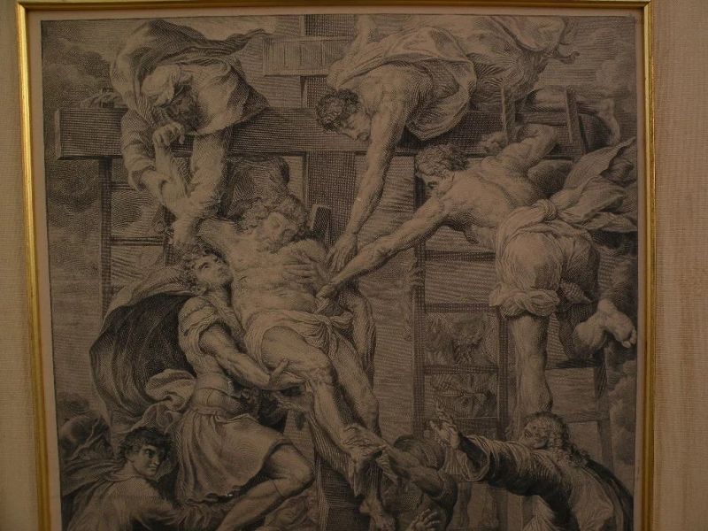 Old master 18th century print large classical scene detailed 1720 copper engraving Descent From the Cross