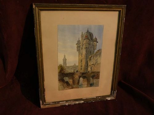 European watercolor painting town scene circa 1840 probably French