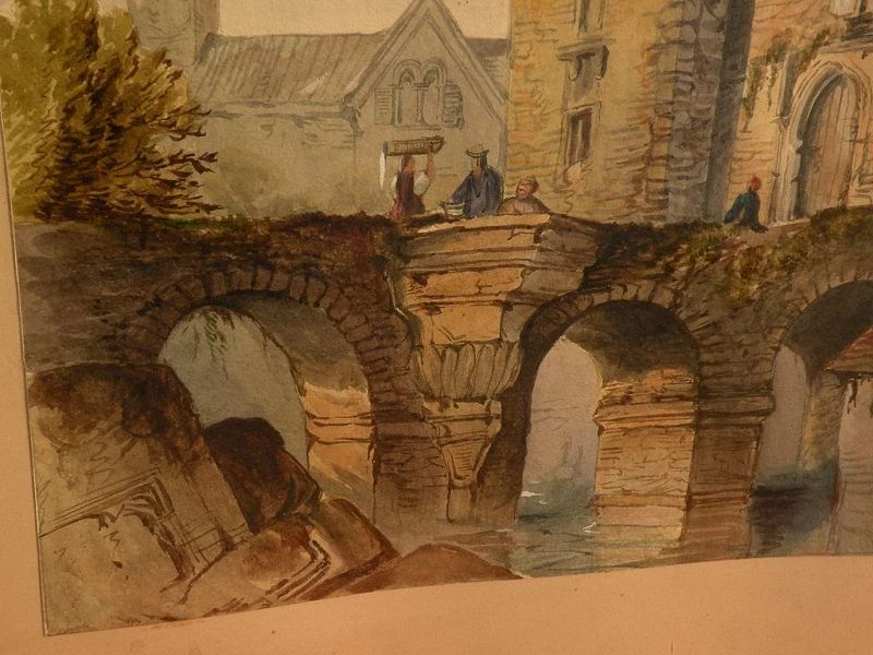 European watercolor painting town scene circa 1840 probably French