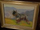 Dog art pastel painting of schnauzer in landscape by noted Alaska artist JOSEPHINE CRUMRINE (1917-2005)