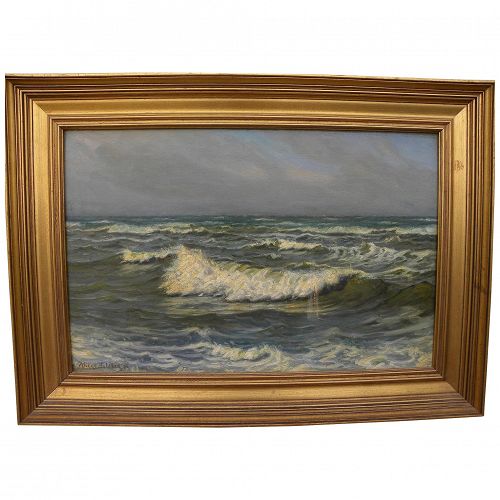 VIGGO L. HELSTEDT (1861-1926) Danish art impressionist coastal scene painting of breaking waves