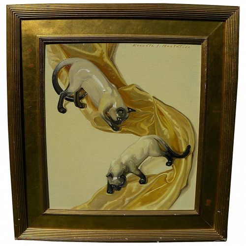 KENNETH STEVEN MACINTIRE (1891-1979) elegant highly decorative Art Deco inspired oil painting of Siamese cats by noted artist and illustrator