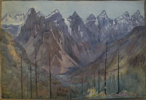 Canadian art 1912 watercolor Ten Peaks Moraine Lake Alberta unknown artist