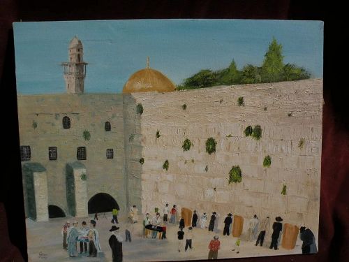 Jewish art folky original oil painting of figures at the Wailing Wall in Jerusalem