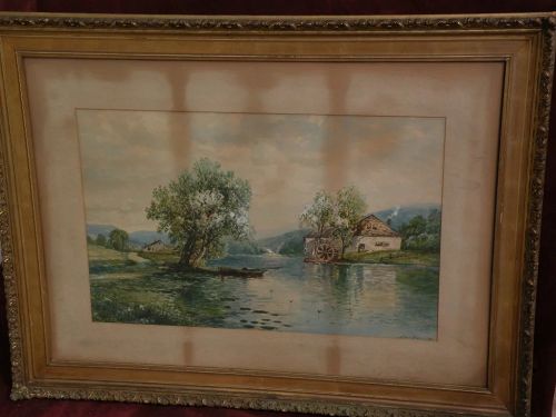 EDMUND DARCH LEWIS (1835-1910) American art watercolor large landscape painting