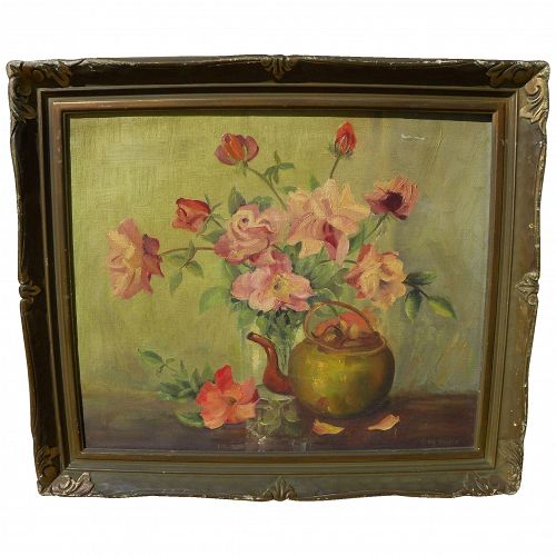 American signed vintage oil painting still life of roses