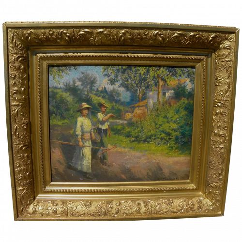 EUGENE CHAFFANEL (1860-1929) French impressionist painting figures in country landscape