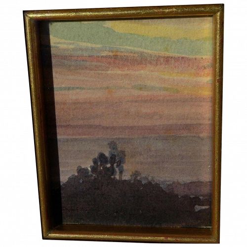ALBERT THOMAS DeROME (1885-1959) California art miniature watercolor painting of eucalyptus treeline at sunset