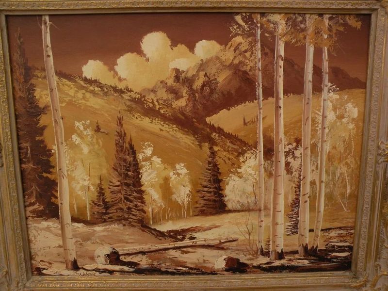 THOMAS L. LEWIS (1907-1978) New Mexico Taos art painting of aspen and mountains