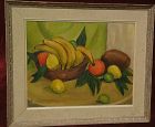 Modernist cubistic signed still life painting fruit in a bowl on a table