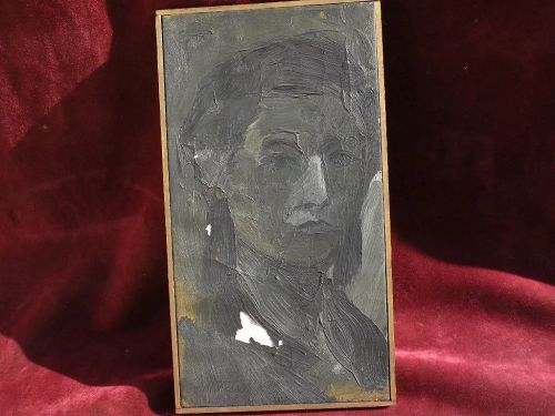 Signed contemporary artistic portrait painting in shades of black and gray