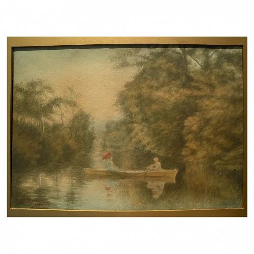 American 1898 watercolor painting of two women in boat on a lake, signed Streeton