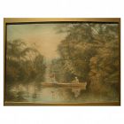 American 1898 watercolor painting of two women in boat on a lake, signed Streeton