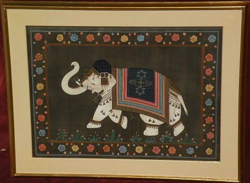 Asian Indian Royal Ceremonial Elephant detailed gouache drawing on silk
