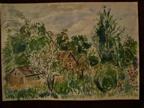 ELIAS NEWMAN (1903-1999) Israeli American art watercolor painting small shacks and trees dated 1943