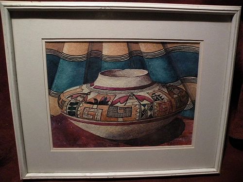 Southwestern art signed colorful original watercolor painting of decorated pottery