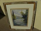 American watercolor painting 1934 mountain landscape initials