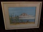 Western American watercolor painting of a doe and faun in a mountain landscape dated and signed