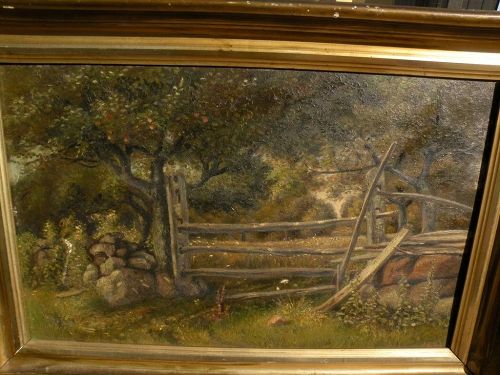 American art 1885 Hudson River school rural landscape apple tree and fenced clearing