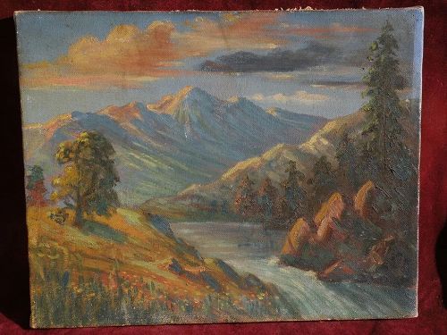 Vintage oil mountain American landscape painting circa 1940s