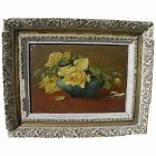 Belgian 1902 still life painting of yellow roses in a vase signed M. Verberckmoes