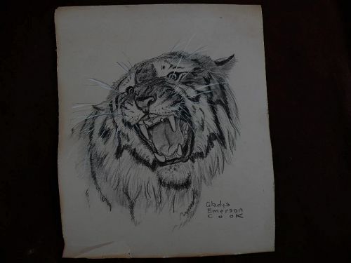 GLADYS EMERSON COOK (1899-1976) charcoal drawing of tiger by noted American artist specializing in animals