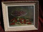 Vintage French signed still life painting of fruit and a compote